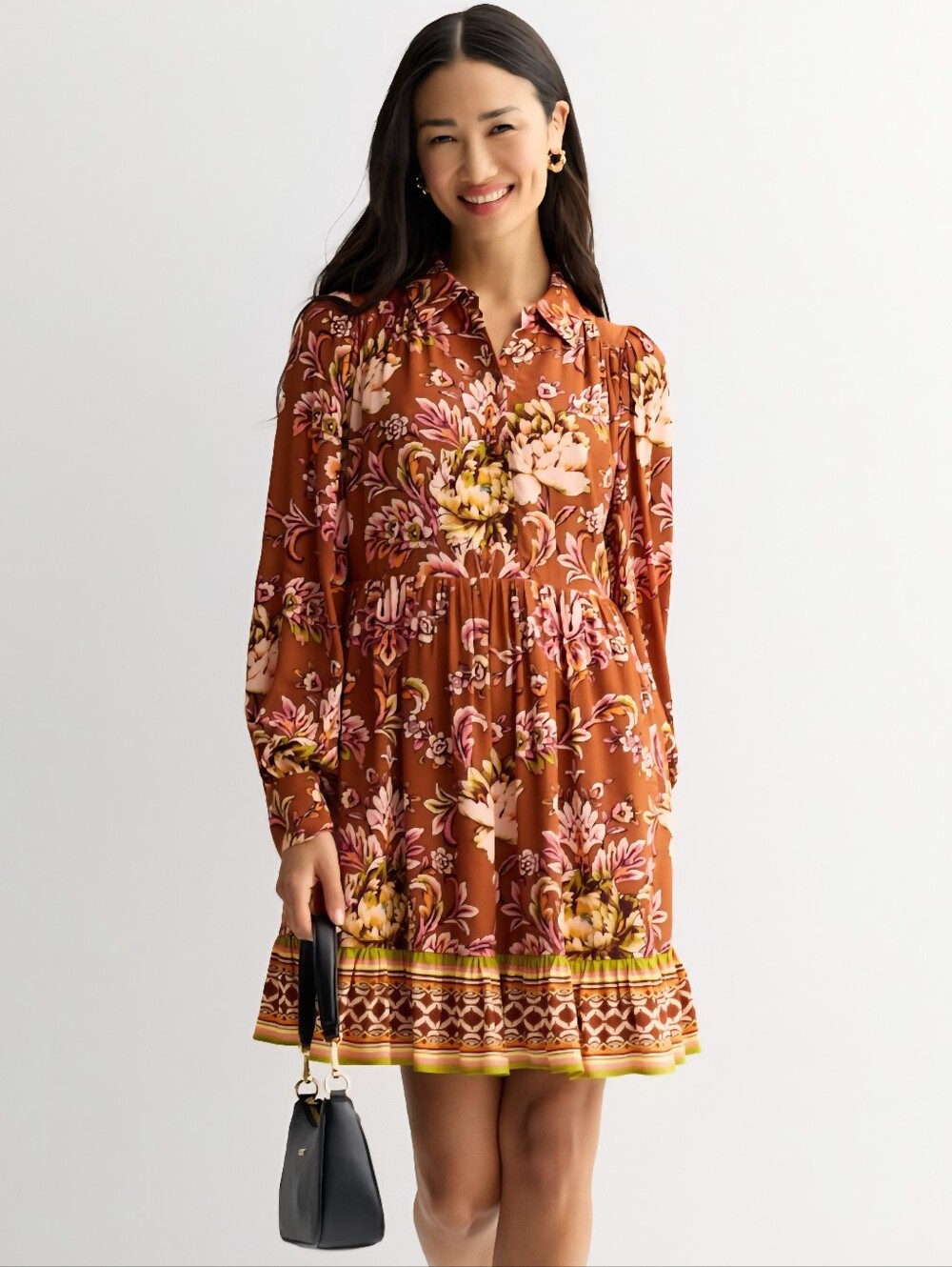 Farmers Market Brown Floral Long Sleeve Dress | Size XL